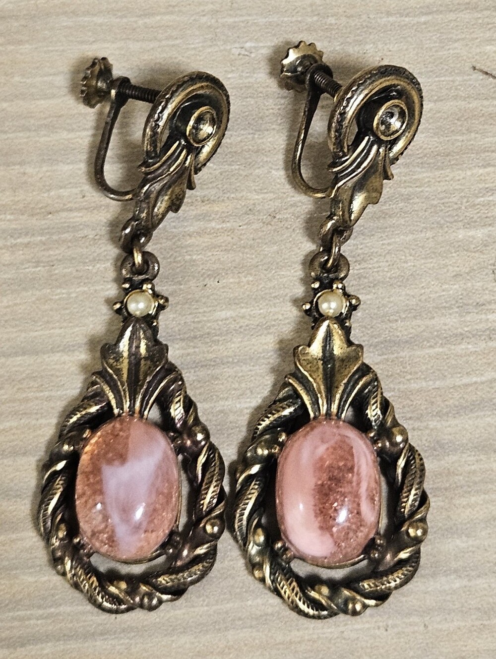 Vintage Victorian Revival Brass Antique Gold Pink Glass Screw-Back Drop Earrings